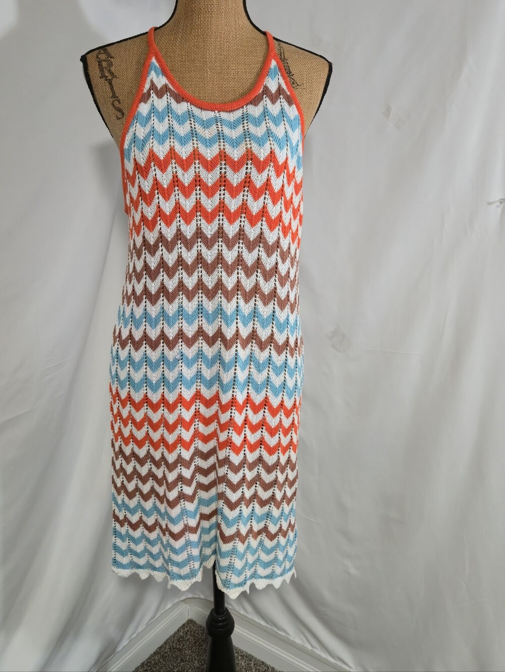 CeCe Open-Knit Chevron Tank Dress in Turquoise, Brown & White